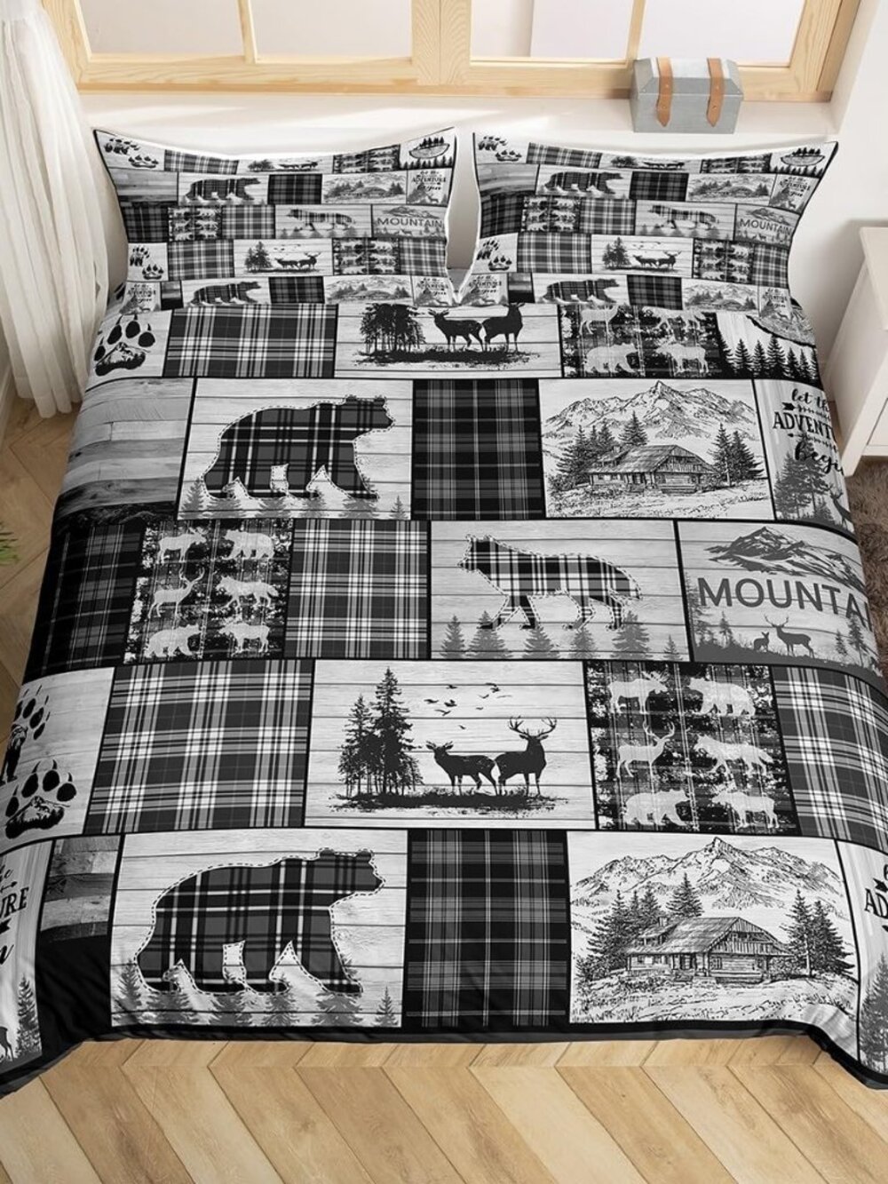 Rustic Camping Patchwork Duvet Cover Full Woodland Plaid Wolf Bear Deer Bedding